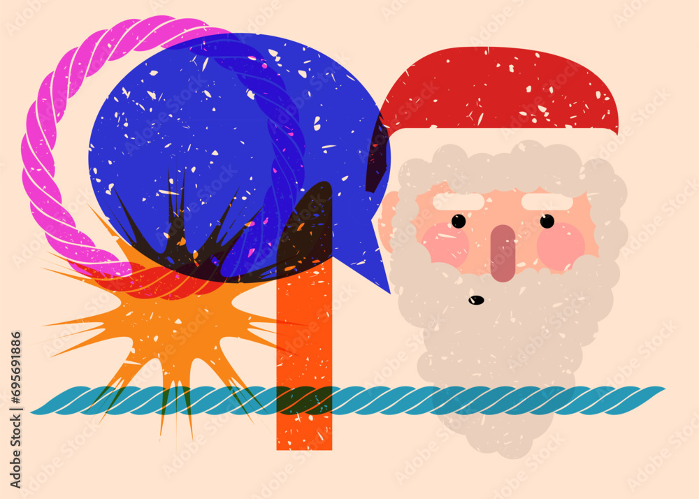 Poster risograph santa claus face, head with speech bubble with geometric shapes. objects in trendy riso gr