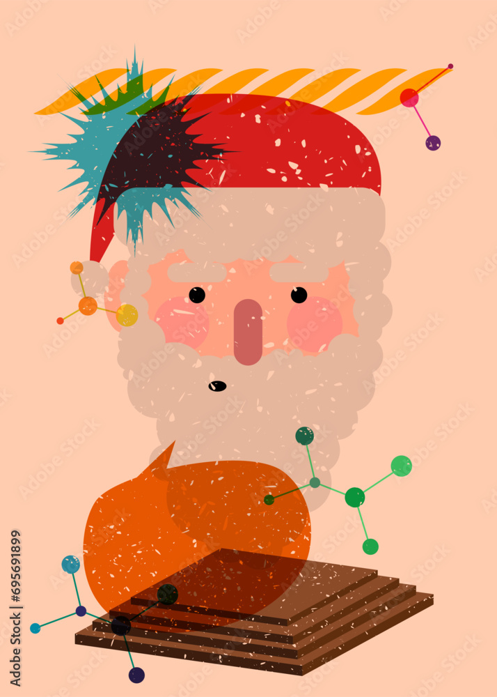 Poster risograph santa claus face, head with speech bubble with geometric shapes. objects in trendy riso gr