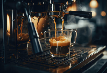 An espresso machine is producing coffee