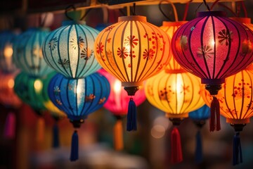 Artistry in Illumination: Close-Up of Handmade Silk Lanterns for Sale at a Street Market in Hoi An,...