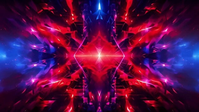 A series of abstract neon shapes, arranged in a symmetrical pattern and pulsating to the rhythm of a futuristic soundtrack, embodying the limitless potential of AGI.