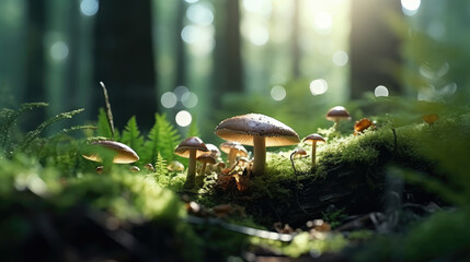 Some beautiful mushrooms growing on the ground in the forest