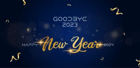 Fotobehang Goodbye 2023. Happy new year 2024 letters banner, vector art and illustration. can use for, landing page, template, ui, web, mobile app, poster, banner, flyer, background. © SR1996