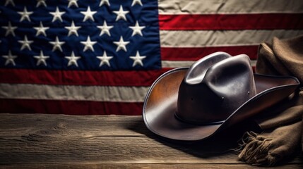 Cowboy hat on wooden table with american flag background. American western concept.
