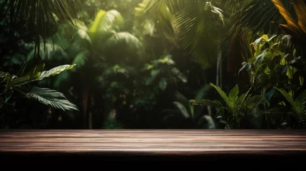 Foto op Aluminium Wooden table top on blurred background of tropical garden with palm trees. © red_orange_stock