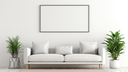 Horizontal frame mockup in warm living room interior with beige sofa, pillows and indoor flowers