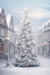 Obraz premium Snowy Christmas tree in enchanting town. Pastel tones