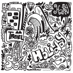 Hand drawn set of traveling doodles, summer vacation trip, Hand drawing the element of vacation with doodle style.