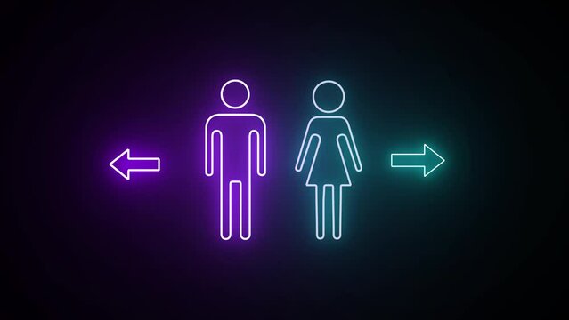 Man and women toilet signs in neon lights animation. Flicker, In - Out sign. WC Toilet Neon Sign with Male ad Female Icon Glowing Light on black background.
