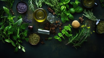 Fototapeta na wymiar herbal background,, essencial oils for naturopathy. Natural remedy, herbal medicine, blends for bath 