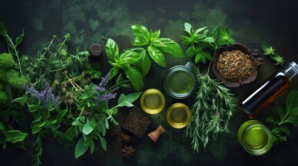 herbal background,, essencial oils for naturopathy. Natural remedy, herbal medicine, blends for bath  - obrazy, fototapety, plakaty