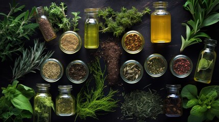 herbs, essencial oils for naturopathy. Natural remedy, herbal medicine,  - obrazy, fototapety, plakaty