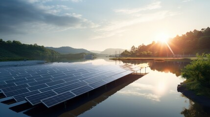 many solar panel installation on dam river 