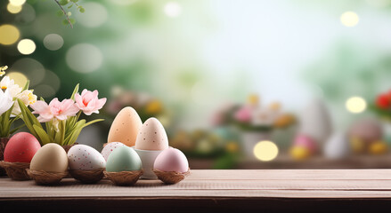 Emmpty wooden table background - easter spring theme - 695693020