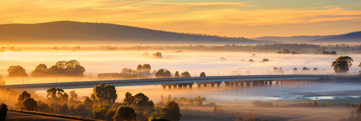 A railway bridge crosses in a wide format beautiful outdoor natural scenery