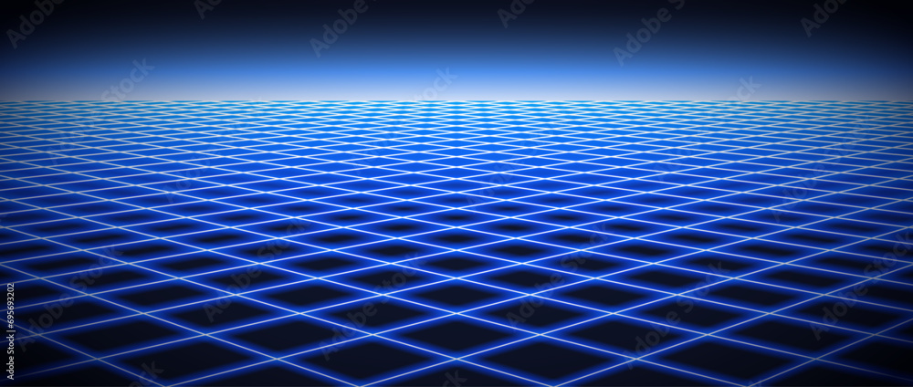 Poster glowing neon wireframe horizon background. light blue grid room floor in perspective. bright retro f