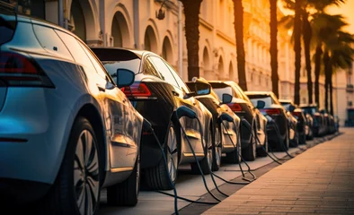 Crédence de cuisine en verre imprimé TAXI de new york electric cars parked in a row with charging stations, street background 