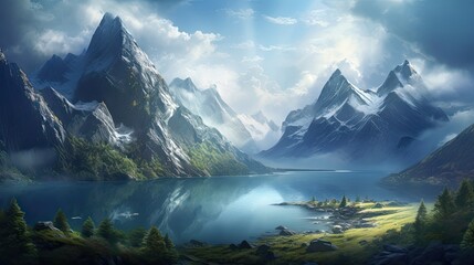 Naklejka premium Mountains Surrounded By Water