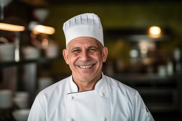 Smiling mature chef looking at the camera inside a restaurant kitchen 