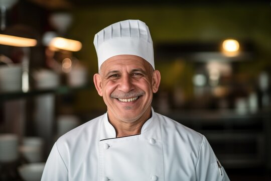 Smiling mature chef looking at the camera inside a restaurant kitchen 