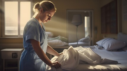 Fototapeta premium Nurse making the bed at a hospital ,hospital cleanliness