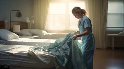 Obraz premium Nurse making the bed at a hospital ,hospital cleanliness