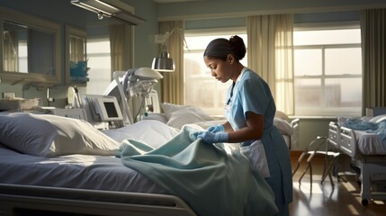  Nurse making the bed at a hospital ,hospital cleanliness