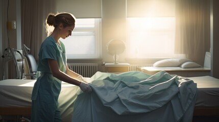 Obraz premium nurse with clean bed,Nurse making the bed at a hospital 