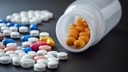 supplement pills with medicine bottle health care and medical top view. 