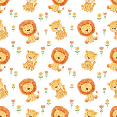 Obraz premium Seamless pattern with cute sitting lion and cheetah on white. Endless watercolor pattern for textiles or fabric for newborns. Cartoon happy baby animals