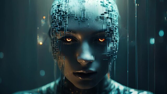 A human face in a pool of liquid data with a futuristic mask of encryption floating above it. cyberpunk ar