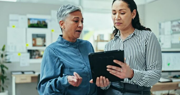 Business women, designer teamwork and tablet for office collaboration, architecture planning and project manager advice. Creative people, senior mentor and helping with software or digital technology