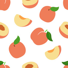 Seamless vector pattern with whole peach fresh fruit. Flat illustrations isolated on white background