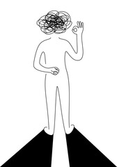 Back view of a human with stress sign doing ok hand sign and another clench one's hand in cartoon  outline hand drawn style, People-Pleasing concept.