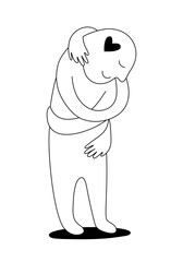 Outline drawing of a cartoon character do smiling and self-hug in self-love concept.