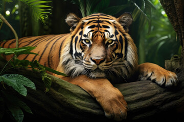 tiger lying on branch in Amazone jungle