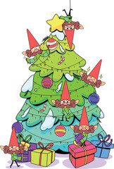 Decorated christmas tree with star lights decoration balls and lamps Merry Christmas happy new year