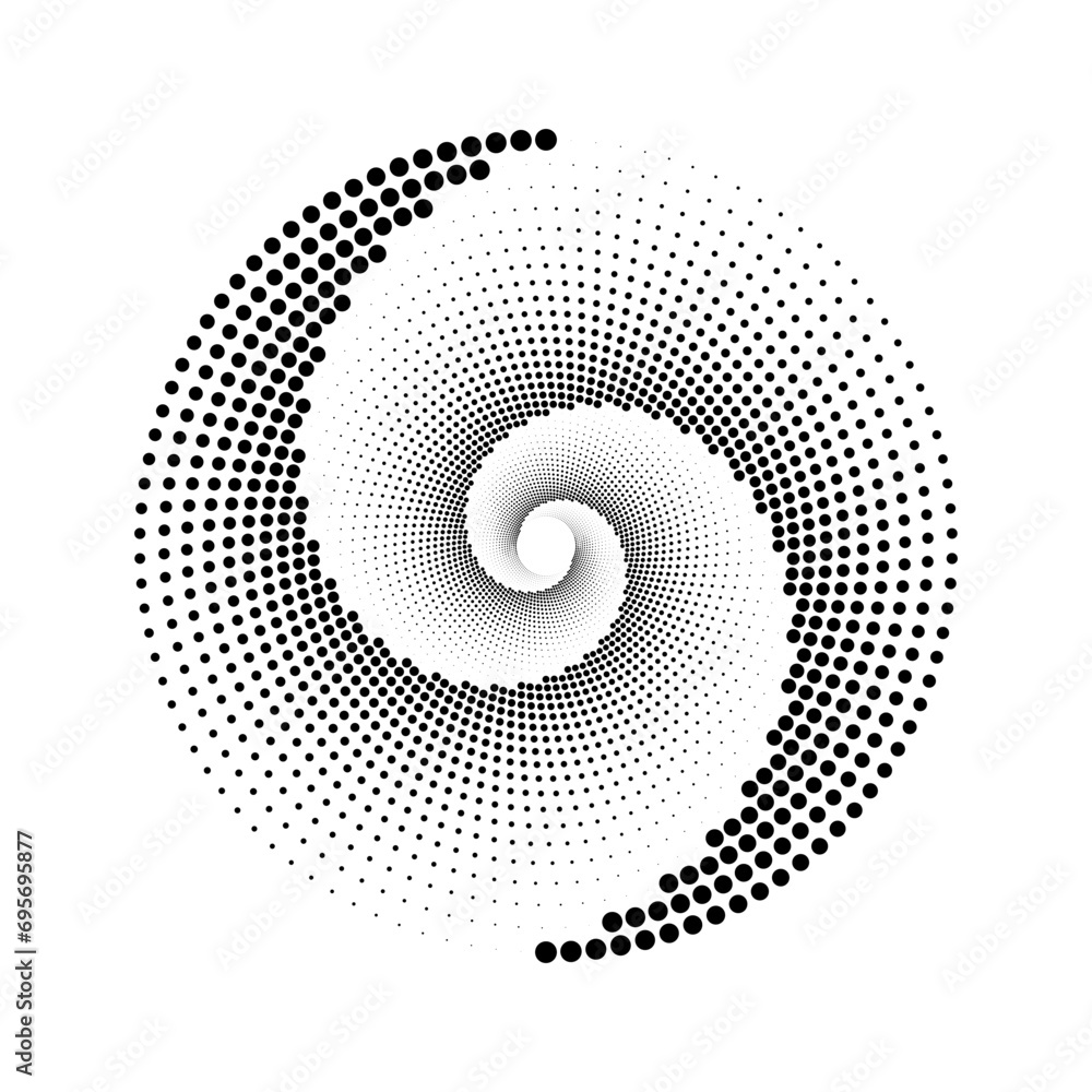 Aufkleber Dotted spiral lines element. Radial spinning halftone form. Circle swirl dots shape. Abstract halftone geometric background for poster, banner, logo, icon, presentation, booklet. Vector optical art