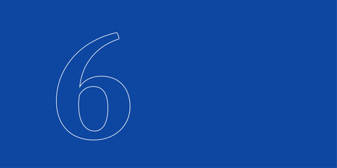 A large white outline number six symbol on the left. Designed as thin white lines. Vector illustration on blue background