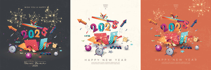 Festive 2025 new year celebration with 3D numbers on open gift box - obrazy, fototapety, plakaty