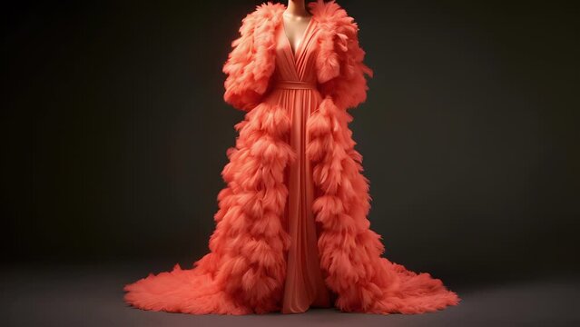 Minimalistic view of a statement coat featuring a mix of peach fuzz and feathers, creating a gl and eyecatching piece fit for a red carpet event.