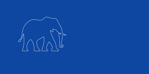 A large white outline elephant on the left. Designed as thin white lines. Vector illustration on blue background