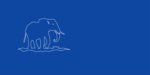 A large white outline wild elephant symbol on the left. Designed as thin white lines. Vector illustration on blue background