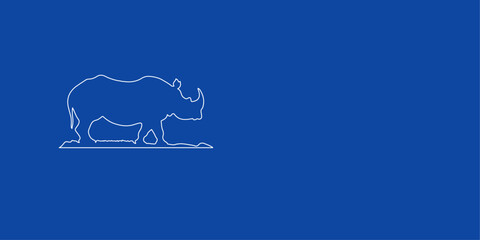 A large white outline wild rhino symbol on the left. Designed as thin white lines. Vector illustration on blue background