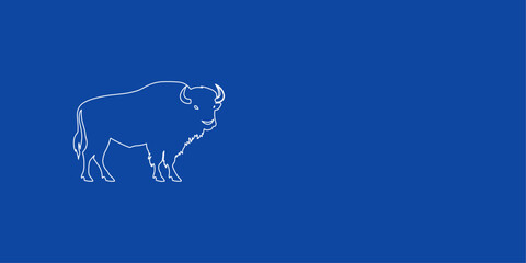 A large white outline buffalo symbol on the left. Designed as thin white lines. Vector illustration on blue background