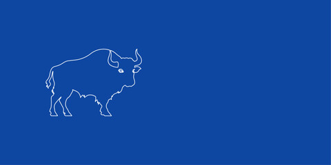 A large white outline buffalo symbol on the left. Designed as thin white lines. Vector illustration on blue background