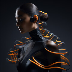 Sustainable fashion with flexible batteries and smart textiles. Flexible battery power in clothing industry. Wearable technology. Wearable innovation. A model wearing futuristic outfit.