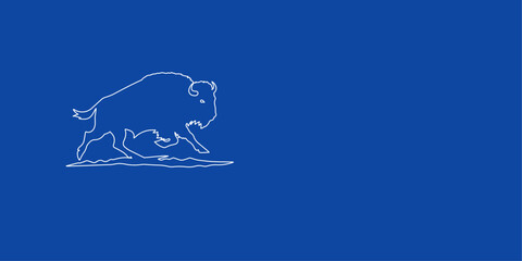 A large white outline wild buffalo on the left. Designed as thin white lines. Vector illustration on blue background