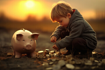Cute little boy putting coins in piggy bank.