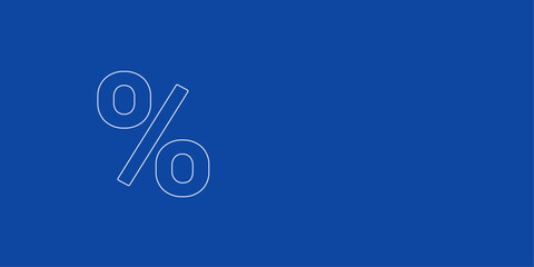 A large white outline percent symbol on the left. Designed as thin white lines. Vector illustration on blue background